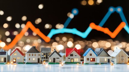 Obraz premium Analyzing real estate market trends with miniature houses and data charts