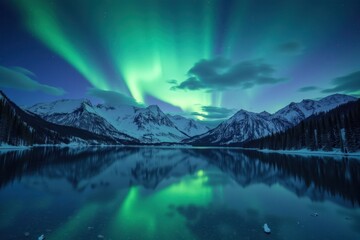 Majestic Mountain Scene Under the Northern Lights with Reflection in the Calm Waters of a Serene Lake Surrounded by Snow-Capped Peaks and Pine Trees.