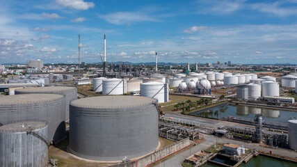 Aerial view oil and gas storage tank and pipeline, Oil and Gas storage tank chemical petroleum...