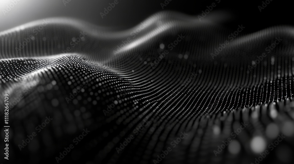 Poster undulating patterns of lines and dots form an intricate abstract landscape, evoking a sense of depth