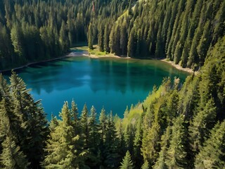 Alpine Lake Surrounded By Lush Evergreen Forest
