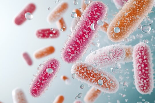 Microscopic view of colorful probiotics, prebiotics bacteria. Bacteria in yogurt drinking process. Healthy food illustration shows lively microorganism colony. Science background. Healthy digestive