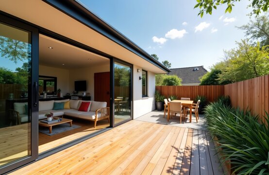 Modern home extension in Melbourne with deck patio, courtyard. Large glass sliding doors open to outdoor living space. Cozy living area inside with comfortable furniture. Outdoor dining area with