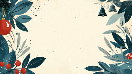 Handdrawn christmas frame with mistletoe and ornaments on beige