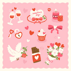set of valentine's day elements, hand drawn, colorful, abstract background