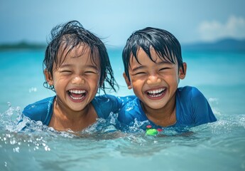 two happy children playing in the water at a beach, wearing blue shirts, in clean and clear shallow waters on an island beach with a distant mountain backdrop