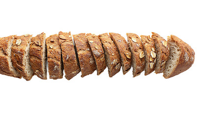 Rustic whole-grain bread sliced into even pieces, with oats sprinkled on the crust, isolated on a transparent background