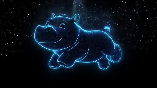 Neon Hippo Constellation Animation in Starry Night Sky