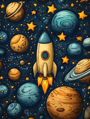 Cartoon rocket flying through space among planets and stars.
