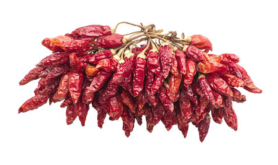 Naklejka premium Cluster of dried red chili peppers with rich texture and vibrant color, isolated on a transparent background 