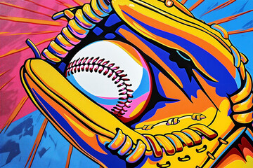 Pop-Art Baseball in Colorful Mitt with Radiant Background