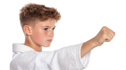 Young boy in a karate uniform performing a focused punching pose, isolated on a transparent background