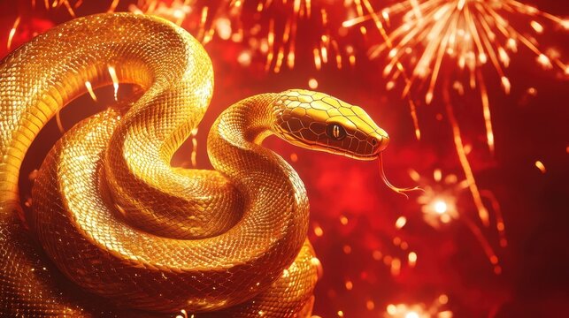 Golden snake under festive fireworks