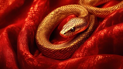 Golden snake on red silk fabric