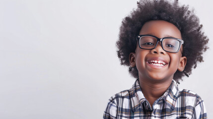 Happy little boy with glasses smiling in a bright indoor setting