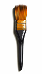 Close-up of a paintbrush with black handle and brown bristles.