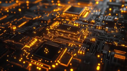 A close-up of a circuit board with glowing orange components.