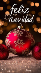elegant, simple feliz navidad christmas greeting card with bokeh golden lights and big, beautiful xmas ball on the first plan; mobile size