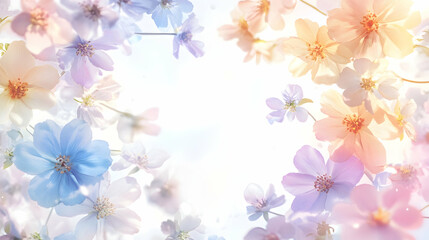 Fototapeta premium Pastel flowers arranged in a border around a white background