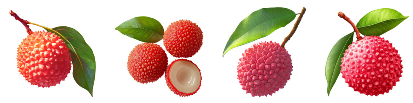 Fresh lychee fruits with leaves on transparency background