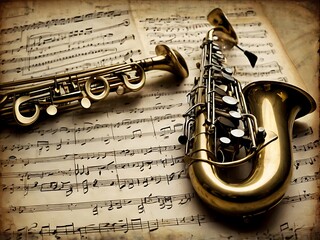 Gold Saxophone and Trumpet Resting on Old Sheet Music