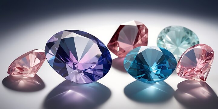 Close-Up of Assorted Faceted Blue and Pink Gemstones on Glossy Surface - Powered by Adobe