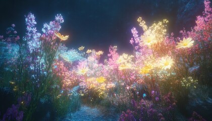 A vibrant underwater scene filled with colorful, glowing flowers.