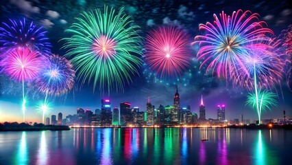 Fototapeta premium tranquil night scene with neon fireworks explodi