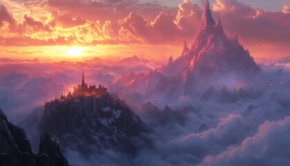 Majestic mountains rise above clouds at sunset, creating a fantasy landscape.