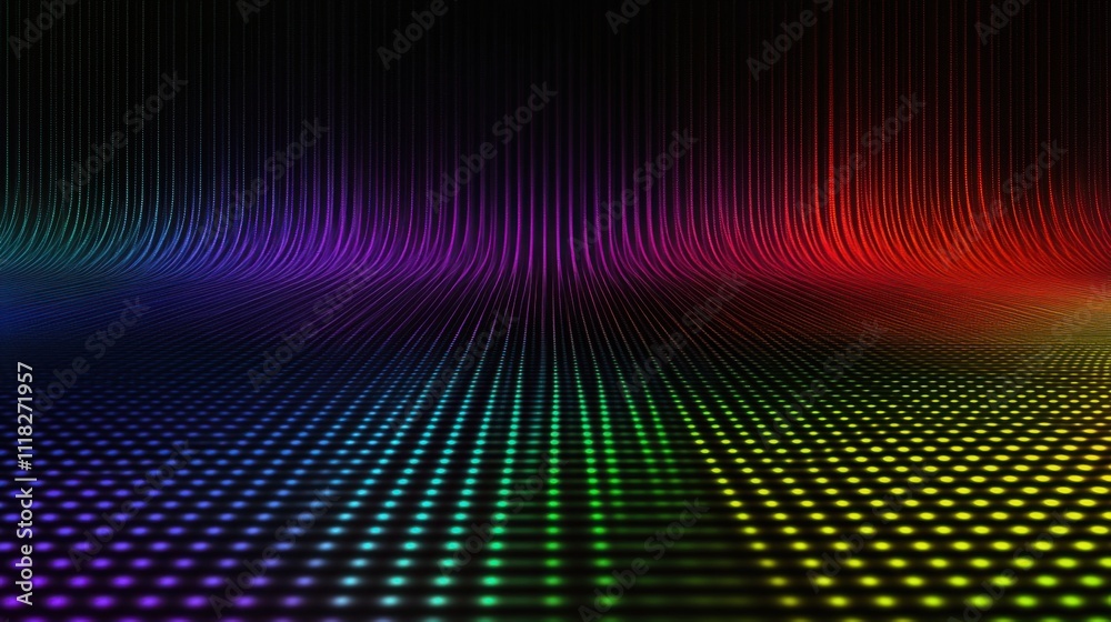 Poster rainbow waves undulate across a dark backdrop, creating rhythmic patterns of color. the striking dis
