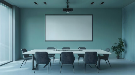 Minimalist conference room with projection screen and teal wall
