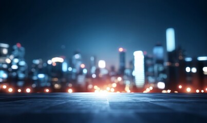 A blurred city skyline at night with illuminated buildings.