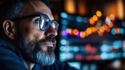 A contemplative man gazes at financial charts on a screen, embodying focus, intelligence, and the modern business environment in a deeply engaging office atmosphere.
