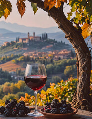A glass of red wine is on a table next to a bowl of blackberries. The scene is set in a vineyard with a beautiful view of the mountains in the background