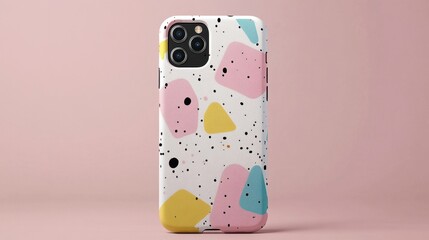 A colorful phone case with abstract shapes on a pink background.