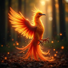 Fiery Phoenix Bird Art Print Fantasy Magical Creature in Forest