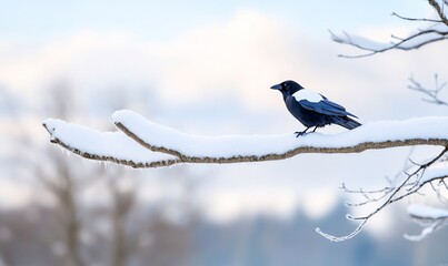 A crow perched on a snow-covered branch in a winter landscape.