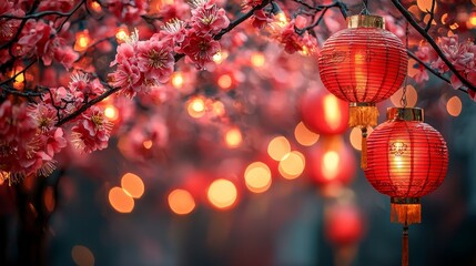 Obraz premium Vibrant flowers and lanterns create a festive atmosphere at night