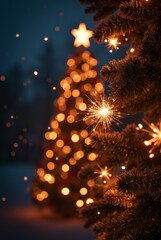 Fototapeta premium Sparkling Christmas Tree with Lights at Night