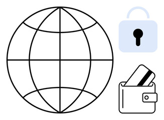 Globe for global network, padlock for security, wallet with cards for e-commerce and payments. Ideal for cybersecurity, online shopping, global business, travel safety, financial transactions