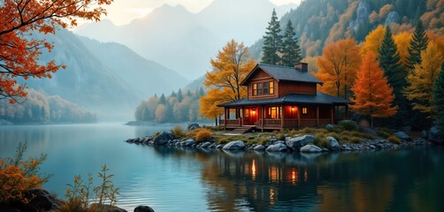 Peaceful wooden house sits on tranquil island in lake surrounded by autumn foliage. Calm waters reflect cozy house, surrounding trees. Scenic view of lake, mountains. Autumn colors create beautiful,