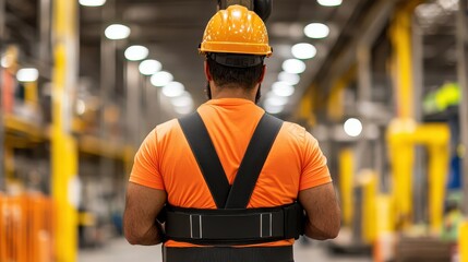Support Belt and Back Pain Concept, Construction Worker in Heavy Duty Support Belt in Industrial Warehouse Setting