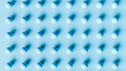 Blue background of many spheres standing on the surface in several rows cast shadows, 3d illustration