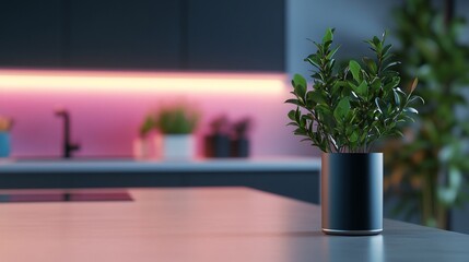 A modern kitchen scene featuring a potted plant on a countertop.