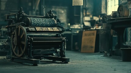 An old printing press in a dimly lit industrial workspace.