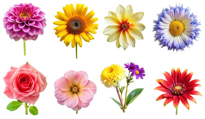 Set of eight various flowers isolated on transparent background