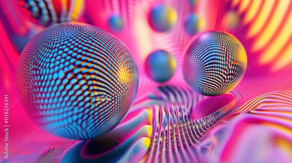 Poster bouncing multicolored spheres create a dynamic display in a vibrant landscape filled with swirling p