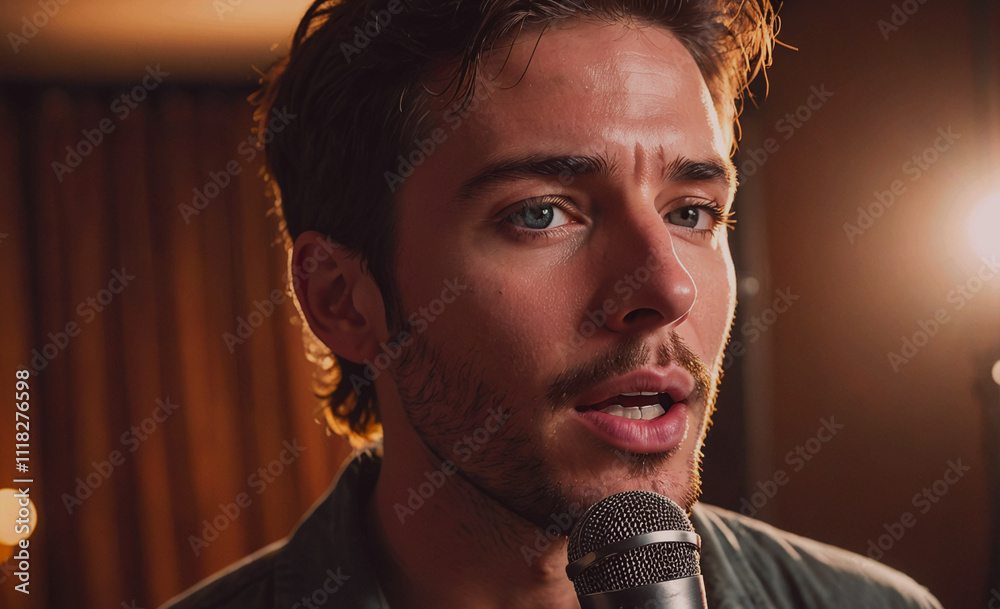 Poster a man with a microphone is singing. he has a beard and is wearing a black shirt. the image has a moo
