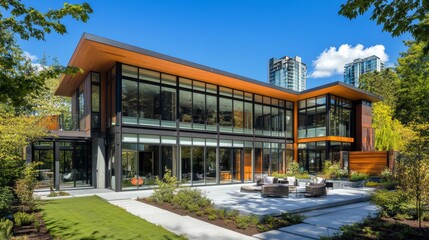 Fototapeta premium Modern luxury home with expansive glass walls, patio, and lush landscaping.