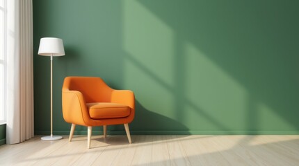 Minimalistic Modern Living Room with Vibrant Orange Armchair and Wall.